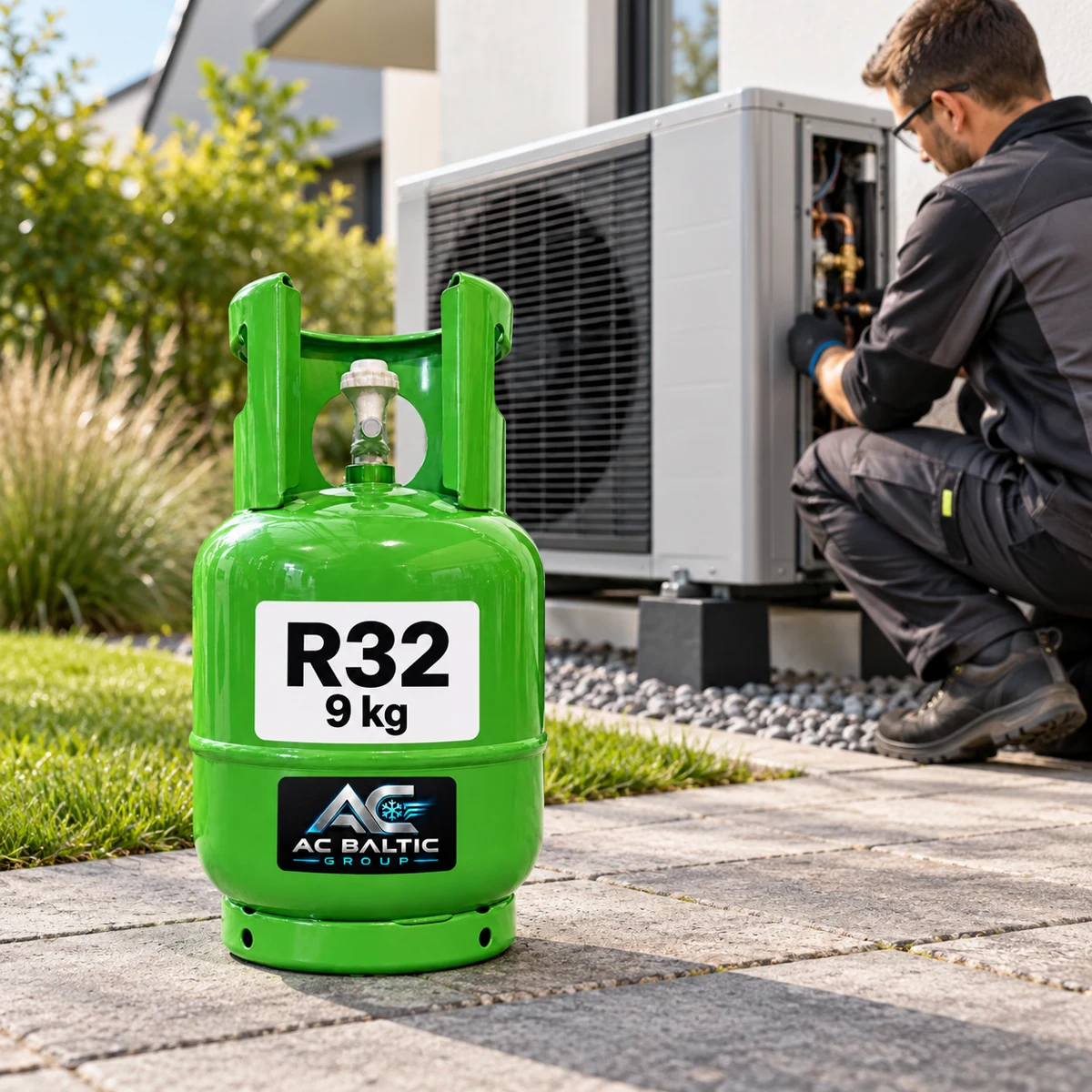 Service technician at an outdoor unit, with an R32 refrigerant cylinder beside it